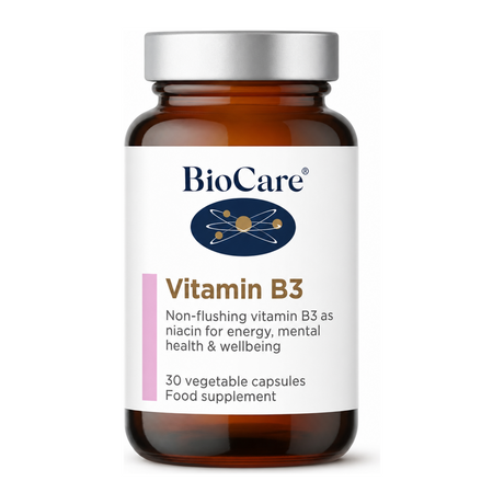 Biocare Vitamin B3 (niacinamide 100mg) 30 capsules by BioCare Natural Remedies — front view showing product label and branding, studio product photo on white background