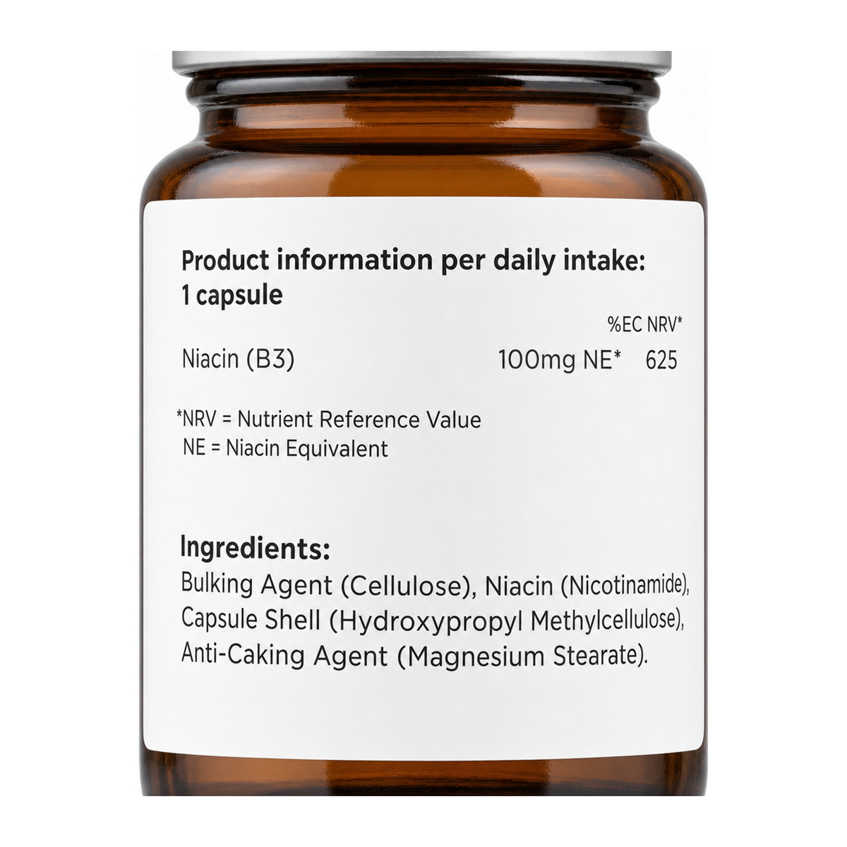 Biocare Vitamin B3 (niacinamide 100mg) 30 capsules by BioCare Natural Remedies — nutrition facts side panel, studio product photo on white background