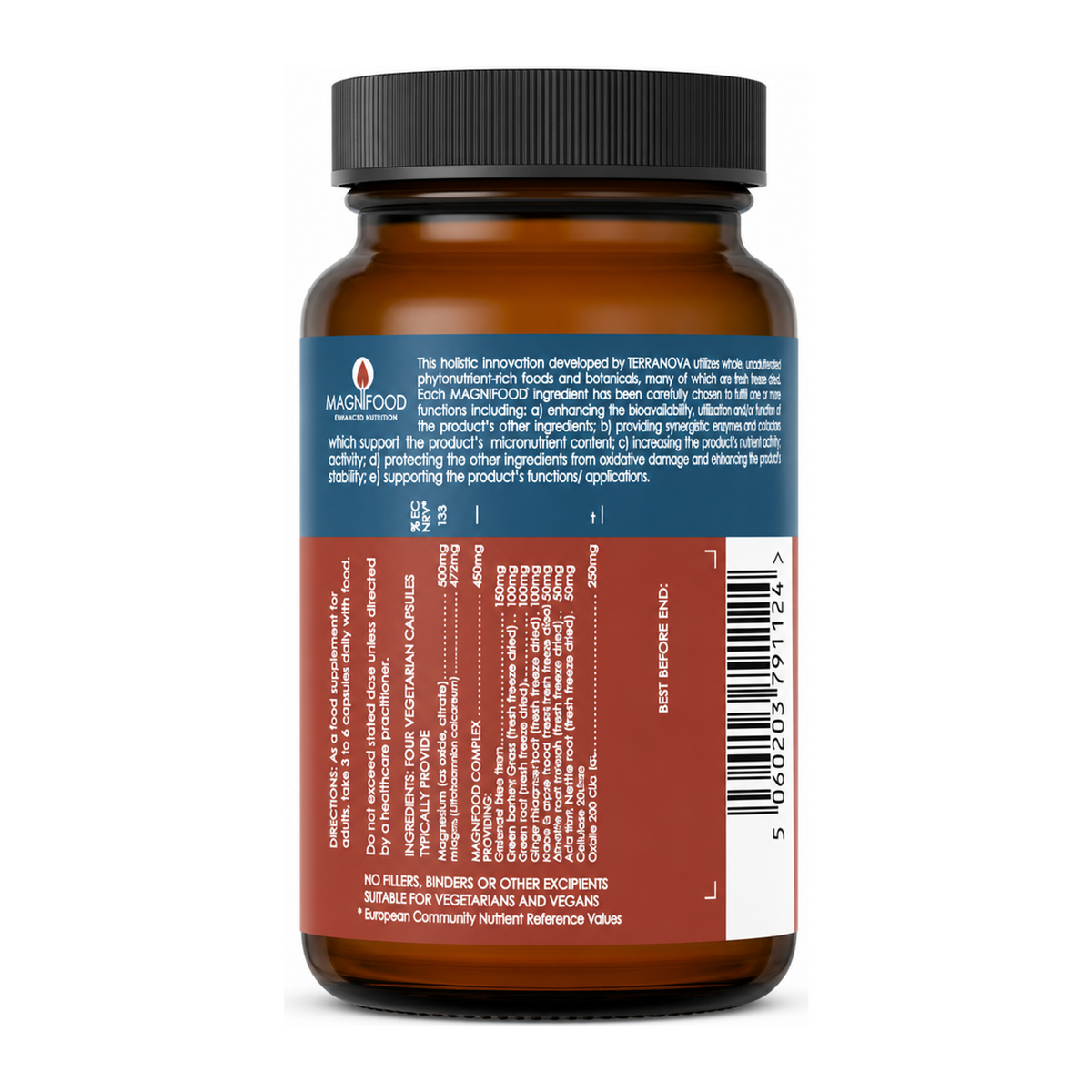Terranova Magnesium Calcium Complex by Terranova Natural Remedies — back view showing ingredients and product details, studio product photo on white background
