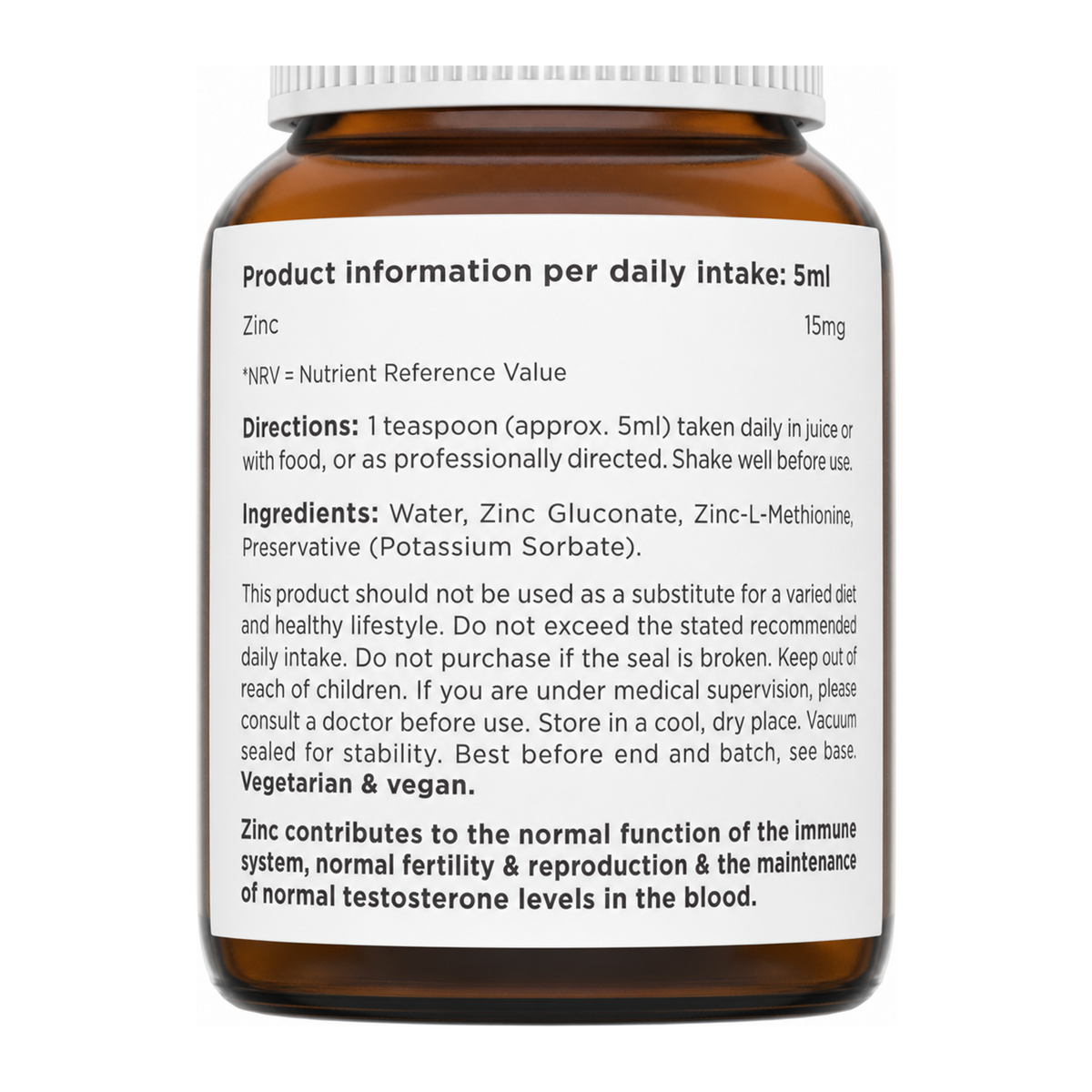 Biocare Nutrisorb Liquid Zinc Complex by BioCare Natural Remedies — ingredients side panel, studio product photo on white background