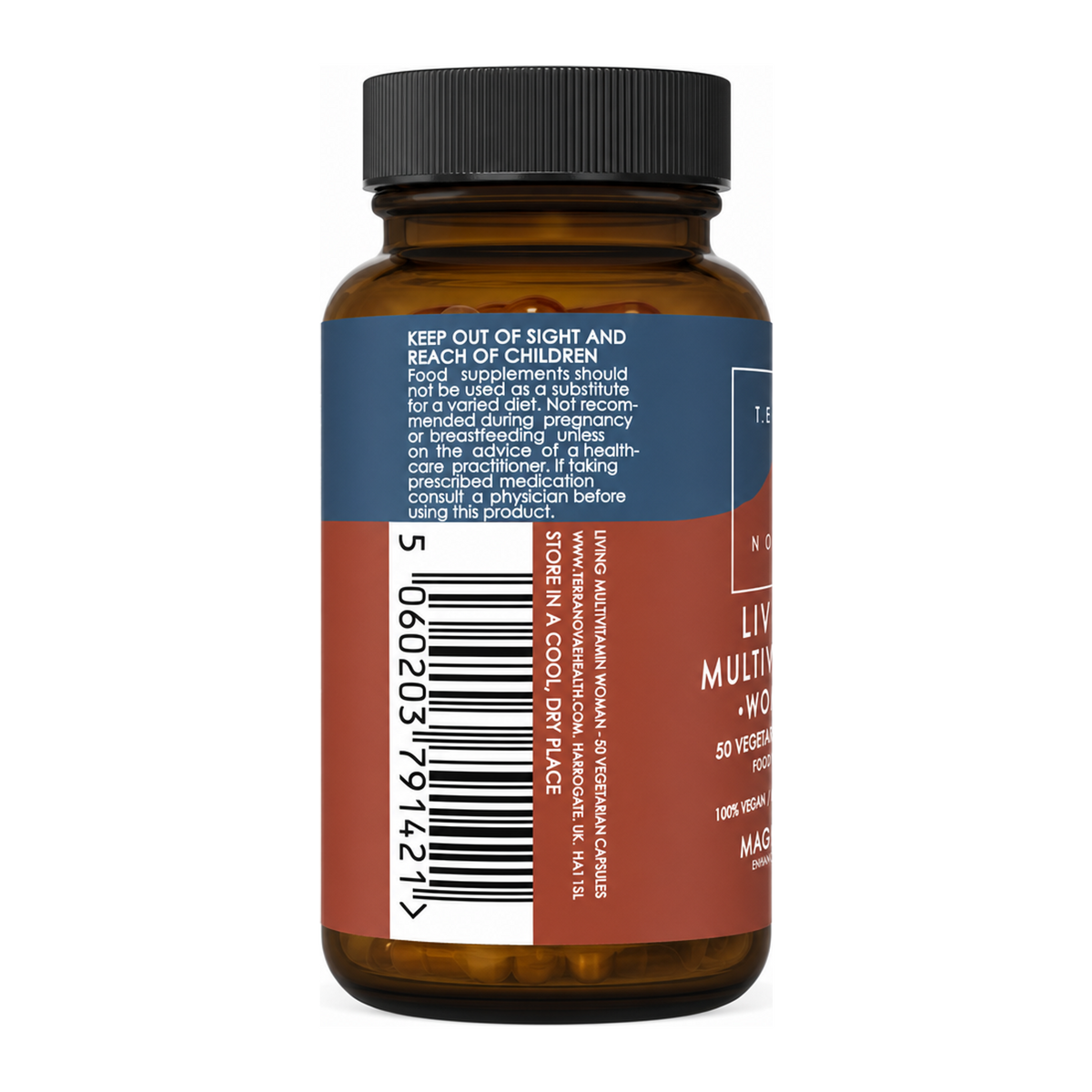 Terranova Living Multivitamin Woman by Terranova Natural Remedies — back view showing ingredients and product details, studio product photo on white background