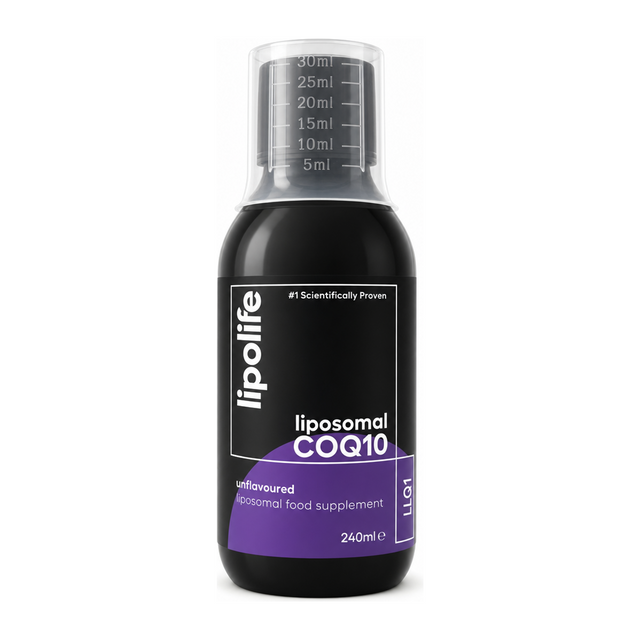 Lipolife LLQ1 Liposomal CoQ10 240ml by Lipolife Natural Remedies — front view showing product label and branding, studio product photo on white background