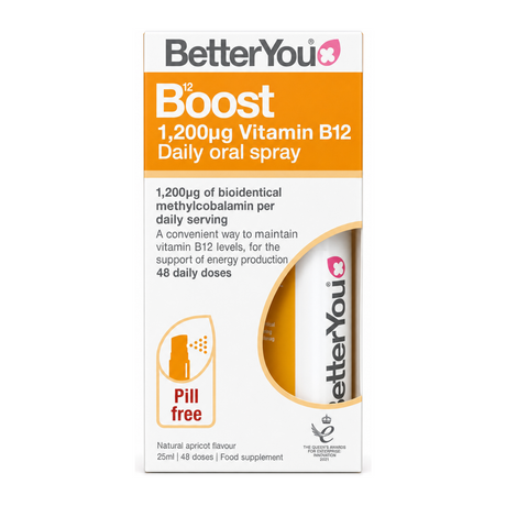 BetterYou Boost B12 Daily Oral Spray by BetterYou Natural Remedies — front view showing product label and branding, studio product photo on white background