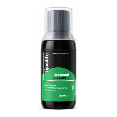 Lipolife LVC9 Liposomal Vitamin C (1000mg Peach Flavour)150ml by Lipolife Natural Remedies — front view showing product label and branding, studio product photo on white background