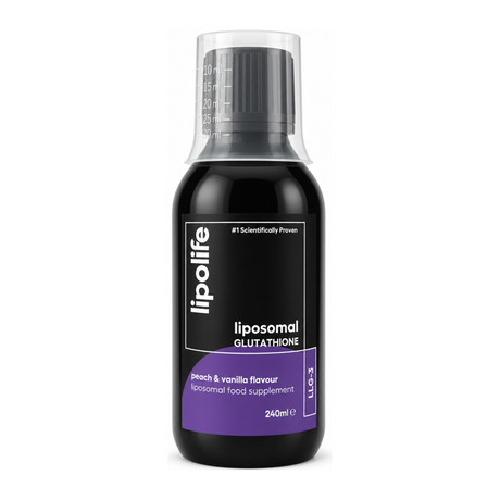 Lipolife LLG3 Liposomal Glutathione (Peach & Vanilla Flavour) by Lipolife Natural Remedies — front view showing product label and branding, studio product photo on white background
