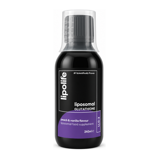 Lipolife LLG3 Liposomal Glutathione (Peach & Vanilla Flavour) by Lipolife Natural Remedies — front view showing product label and branding, studio product photo on white background