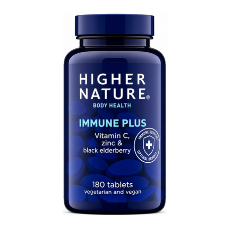 Higher Nature Immune + 180 Tablets by Higher Nature Vitamin & Mineral Supplements — front view showing product label and branding, studio product photo on white background