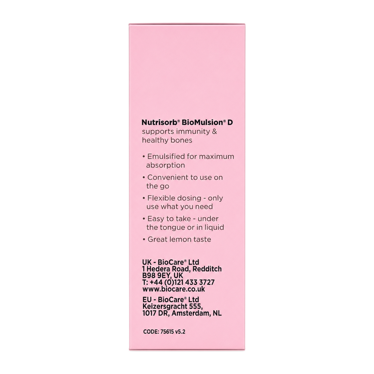 Biocare Nutrisorb BioMulsion D by BioCare Natural Remedies — back view showing ingredients and product details, studio product photo on white background