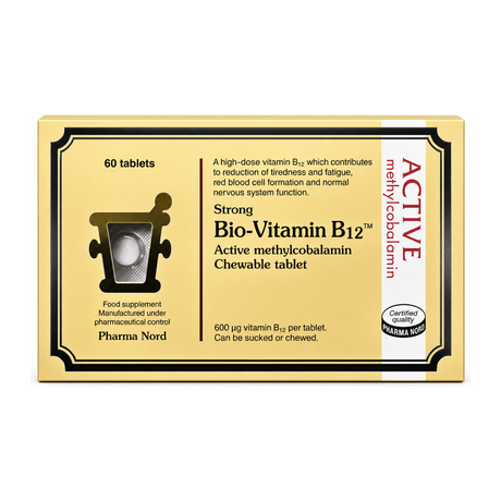Pharma Nord Strong Bio-Vitamin B12 chewable 60 tabs by Pharma Nord — front view showing product label and branding, studio product photo on white background