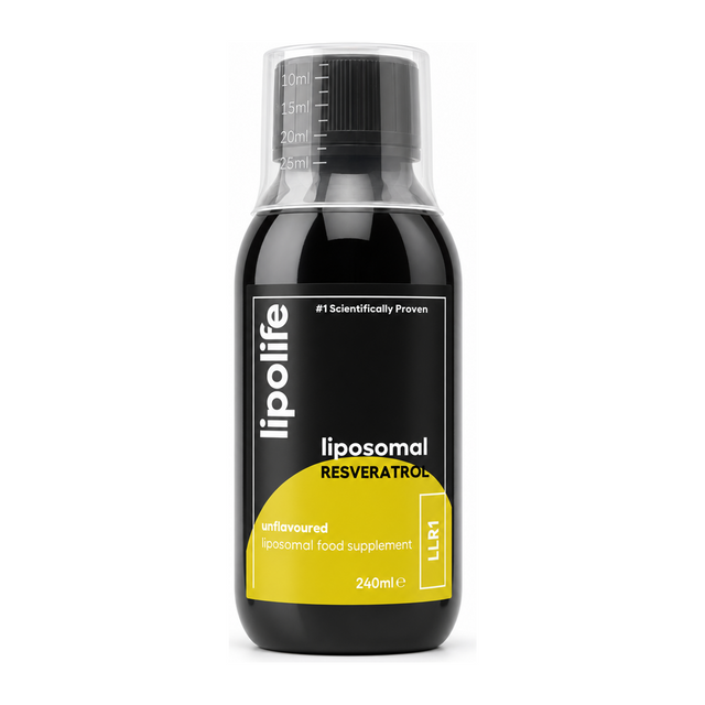 Lipolife LLR1 Liposomal Resveratrol 240ml by Lipolife Natural Remedies — front view showing product label and branding, studio product photo on white background