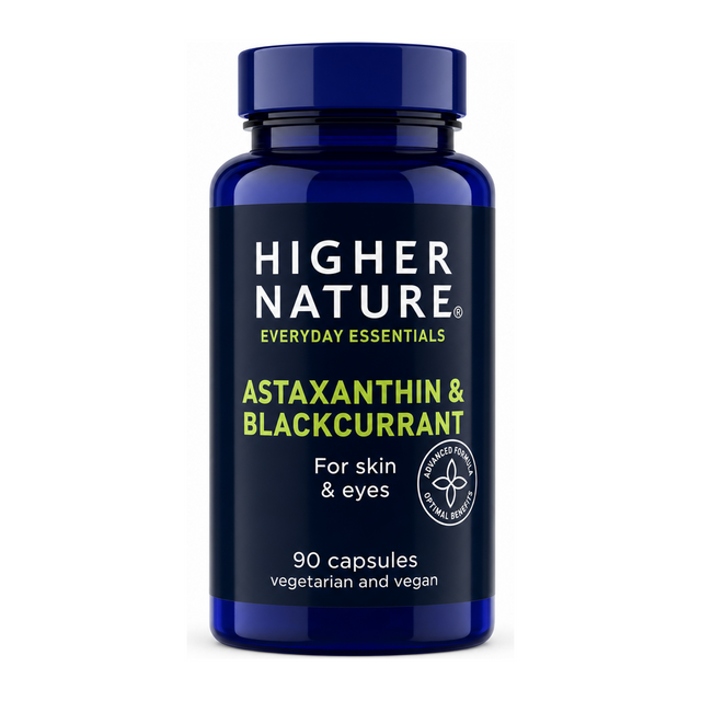 Higher Nature Astaxanthin & Blackcurrant by Higher Nature Natural Remedies — front view showing product label and branding, studio product photo on white background