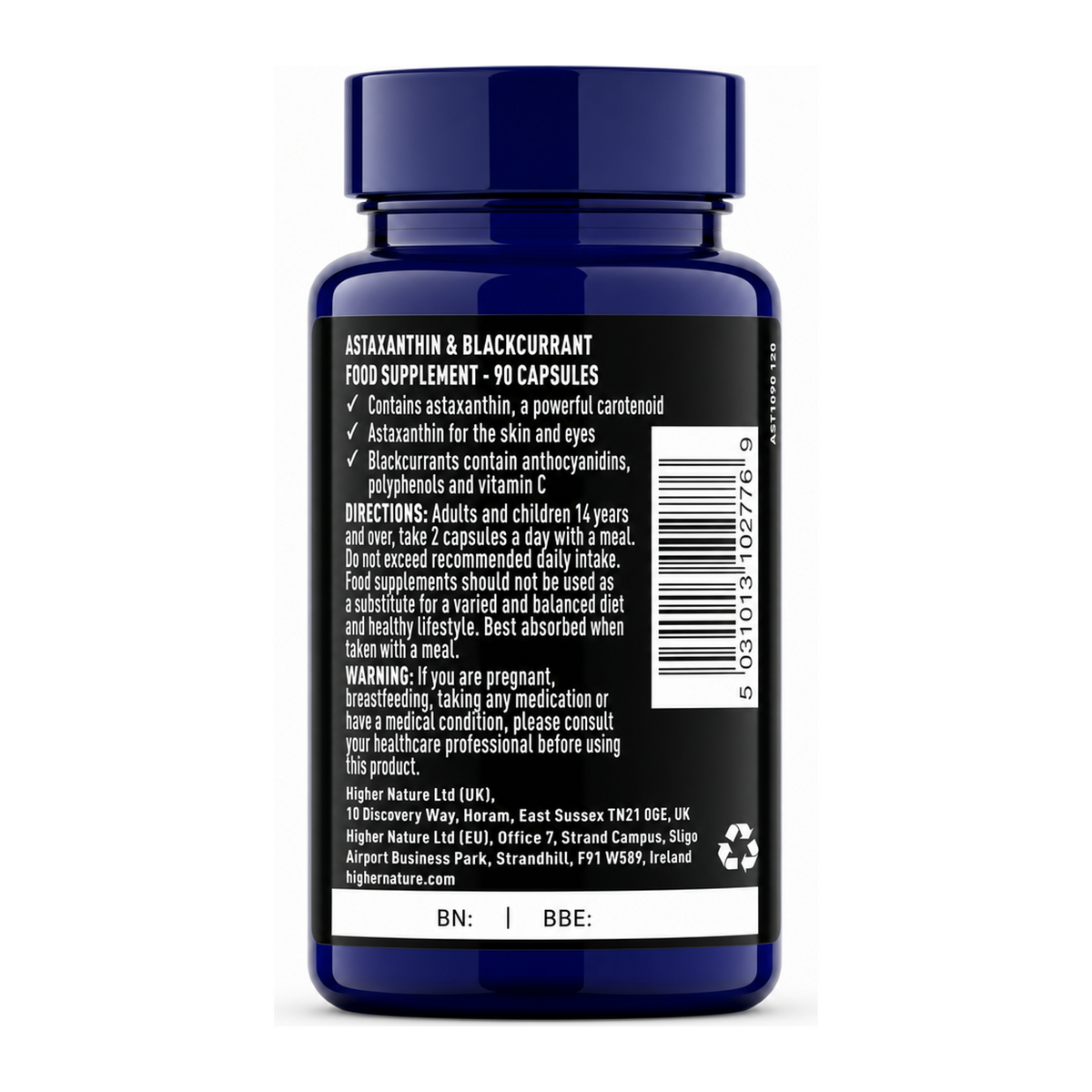 Higher Nature Astaxanthin & Blackcurrant by Higher Nature Natural Remedies — back view showing ingredients and product details, studio product photo on white background