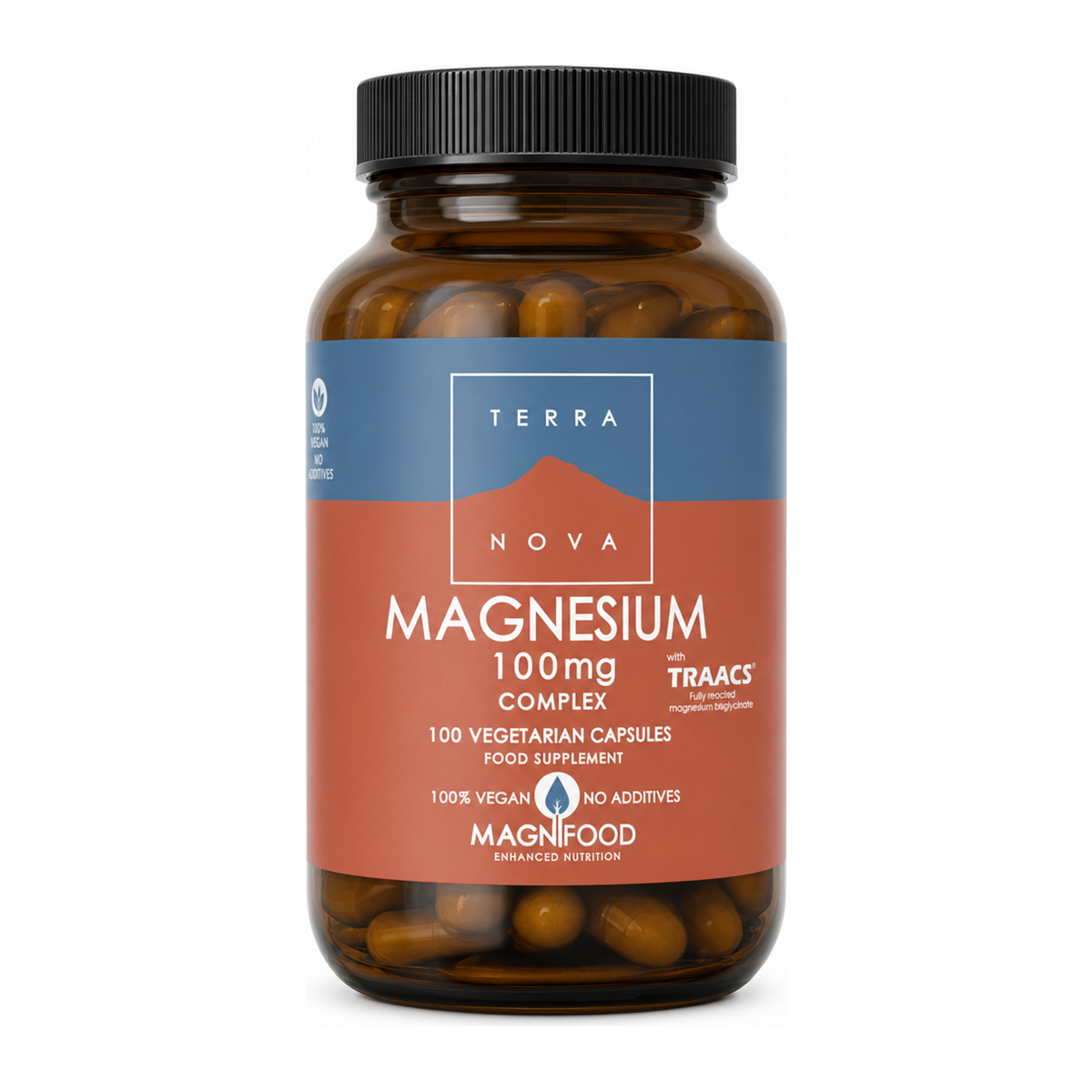 Terranova Magnesium 100mg Complex by Terranova Natural Remedies — front view showing product label and branding, studio product photo on white background