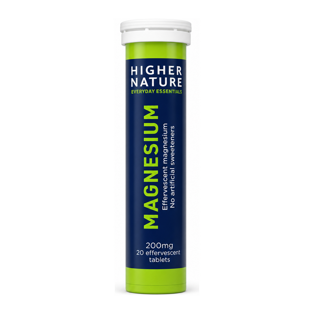 Higher Nature - Magnesium Effervescent 20 Tablets by Higher Nature Natural Remedies — front view showing product label and branding, studio product photo on white background
