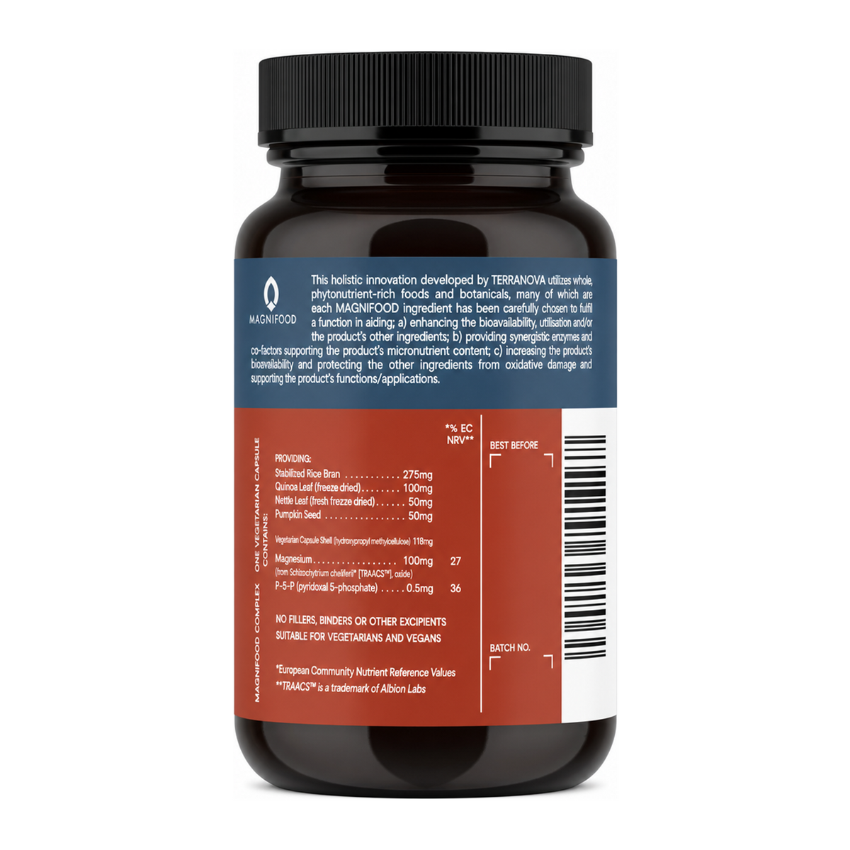 Terranova Magnesium 100mg Complex by Terranova Natural Remedies — back view showing ingredients and product details, studio product photo on white background