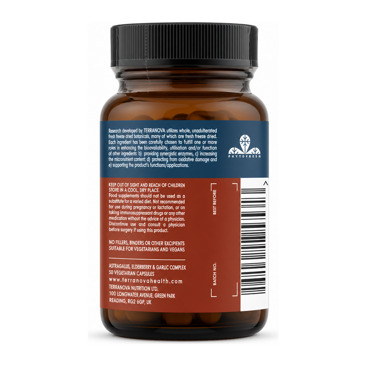 Terranova Astragalus, Elderberry & Garlic Complex by Terranova Natural Remedies — back view showing ingredients and product details, studio product photo on white background