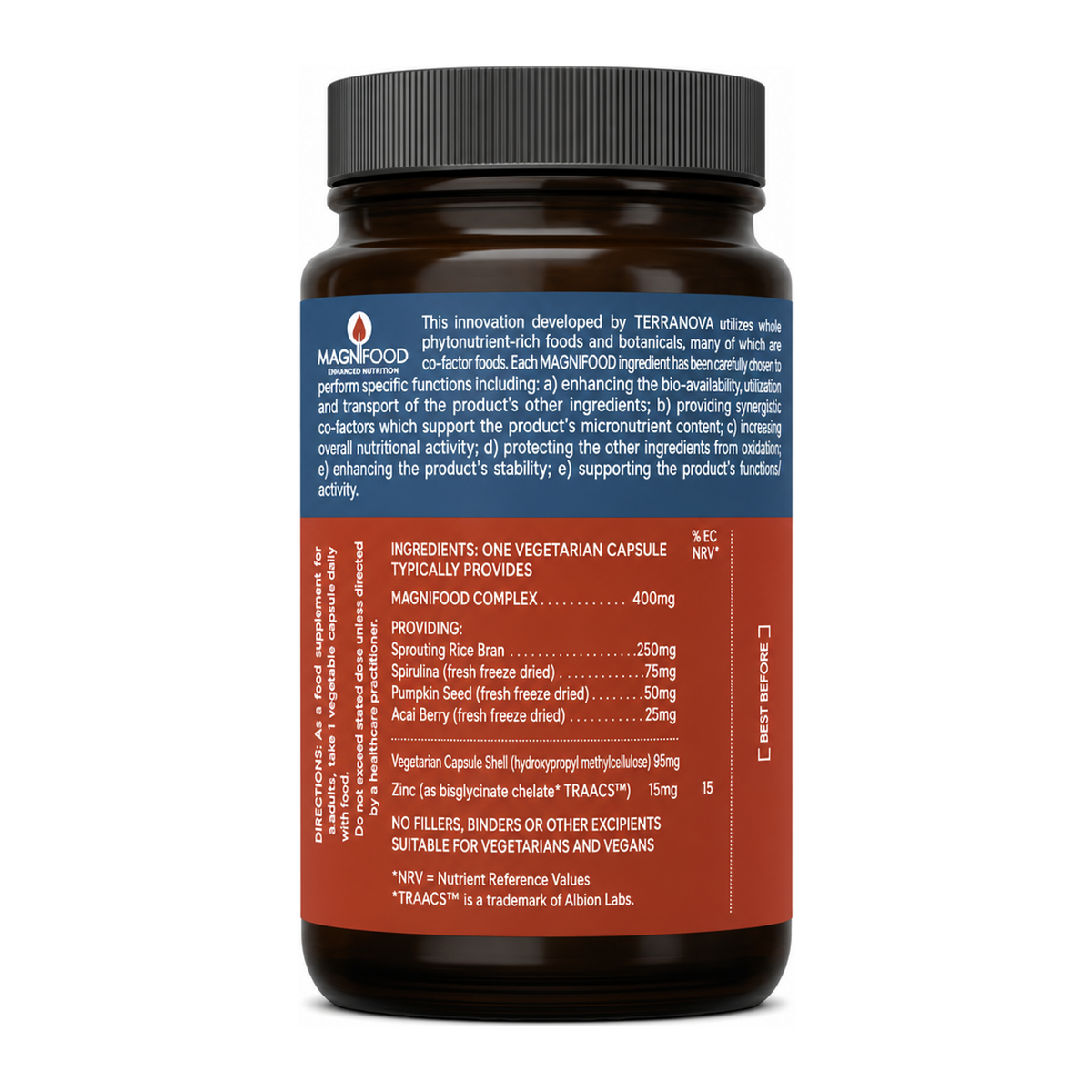 Terranova Zinc 15mg Complex by Terranova Natural Remedies — back view showing ingredients and product details, studio product photo on white background