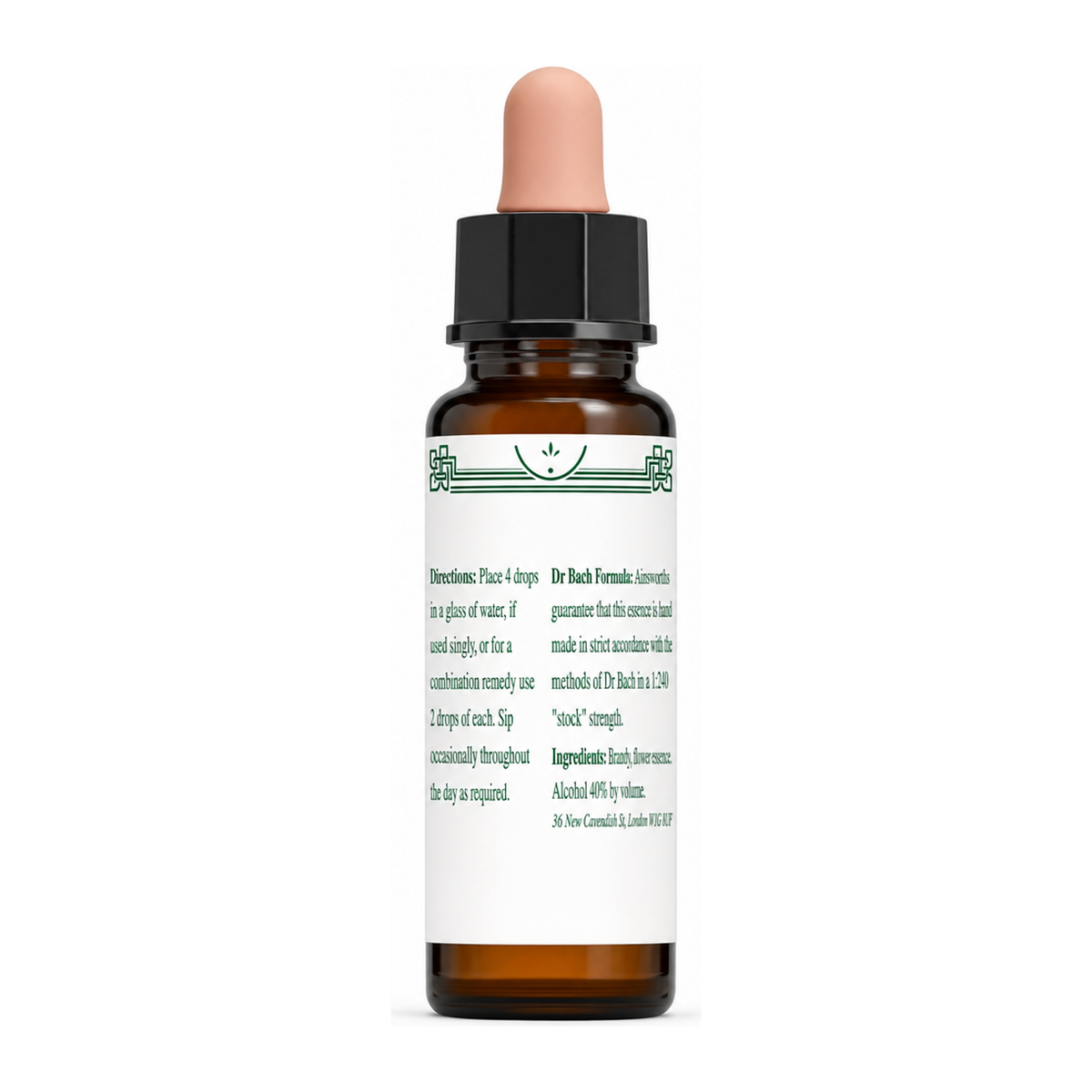Dr Bach Centaury Bach Flower Remedy by Ainsworths Natural Remedies — back view showing ingredients and product details, studio product photo on white background