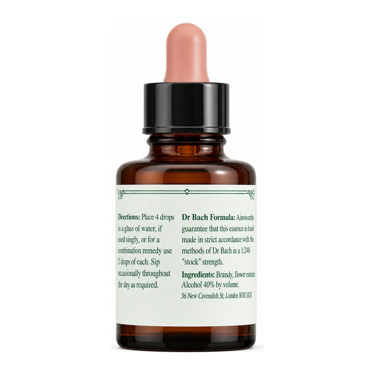 Dr Bach Crab Apple Bach Flower Remedy by Ainsworths Natural Remedies — back view showing ingredients and product details, studio product photo on white background