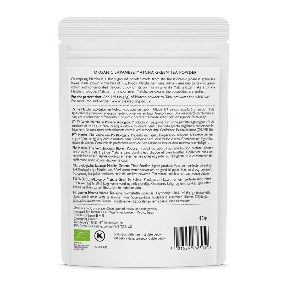 Clearspring Organic Matcha Green Tea Powder (Pouch) by Clearspring Food & Drinks — back view showing ingredients and product details, studio product photo on white background