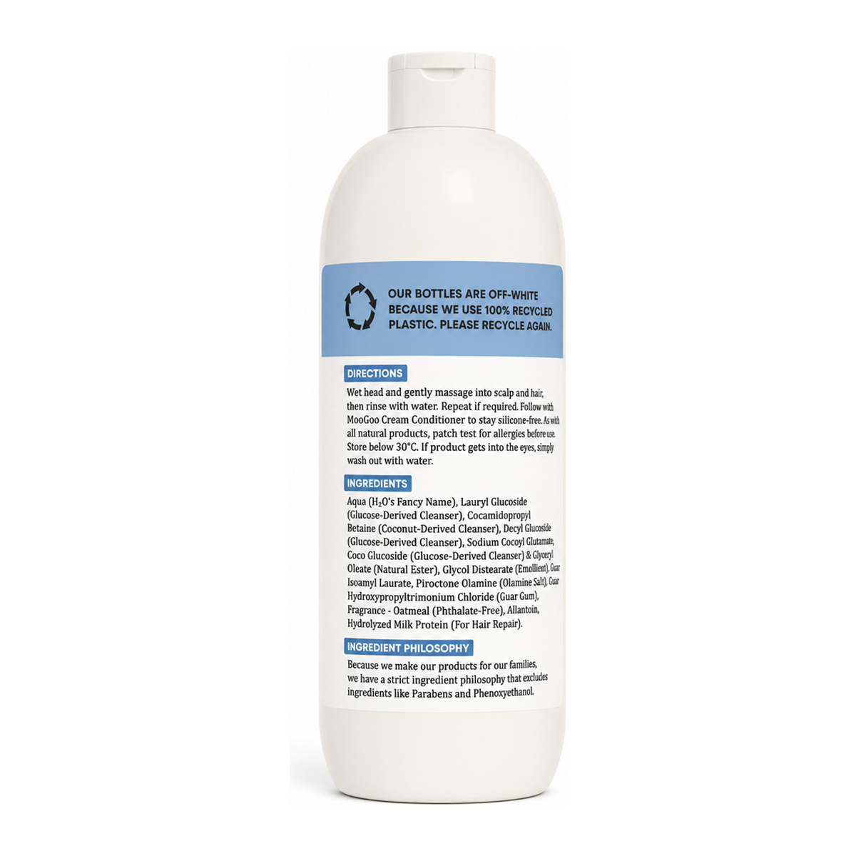 MooGoo Natural Sensitive Scalp Milk Shampoo by MooGoo Natural Beauty — back view showing ingredients and product details, studio product photo on white background