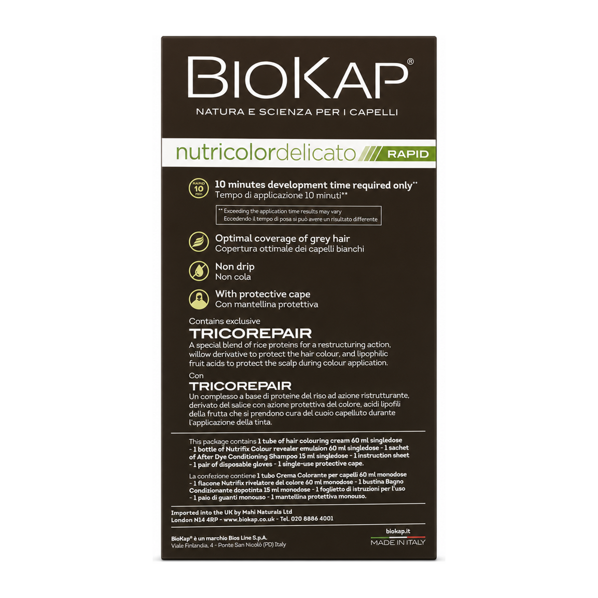 BioKap Dark Blond Havana 6.06 Rapid Permanent Hair Dye by BioKap Natural Beauty — back view showing ingredients and product details, studio product photo on white background