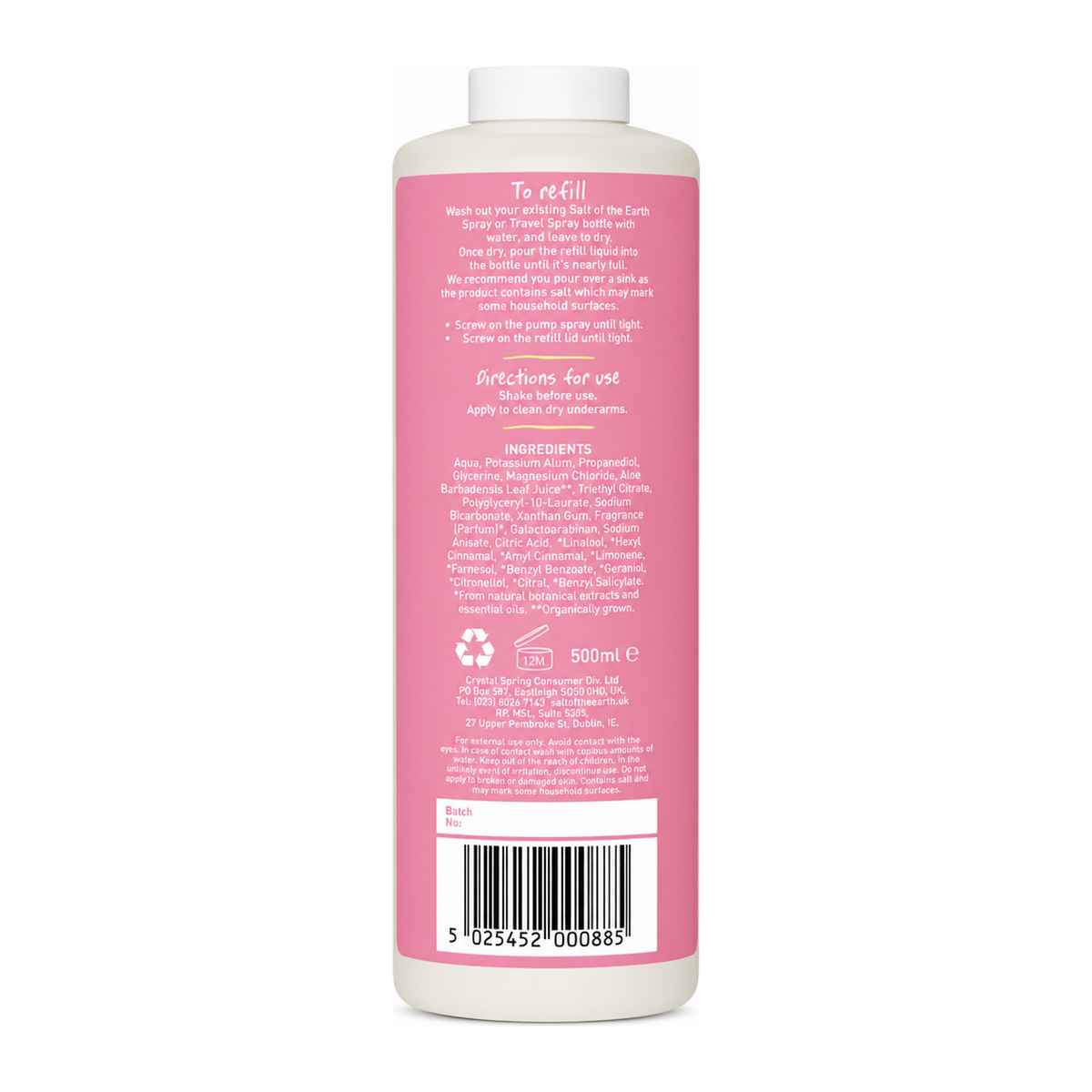 Salt Of the Earth Peony Blossom Spray Refill by Salt of the Earth Natural Beauty — back view showing ingredients and product details, studio product photo on white background