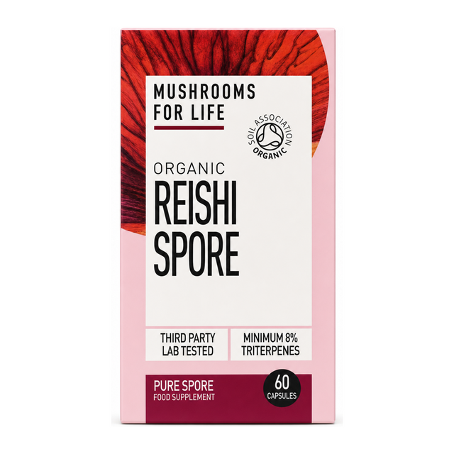 Organic Reishi Spores Capsules by Mushrooms For Life Natural Remedies — front view showing product label and branding, studio product photo on white background