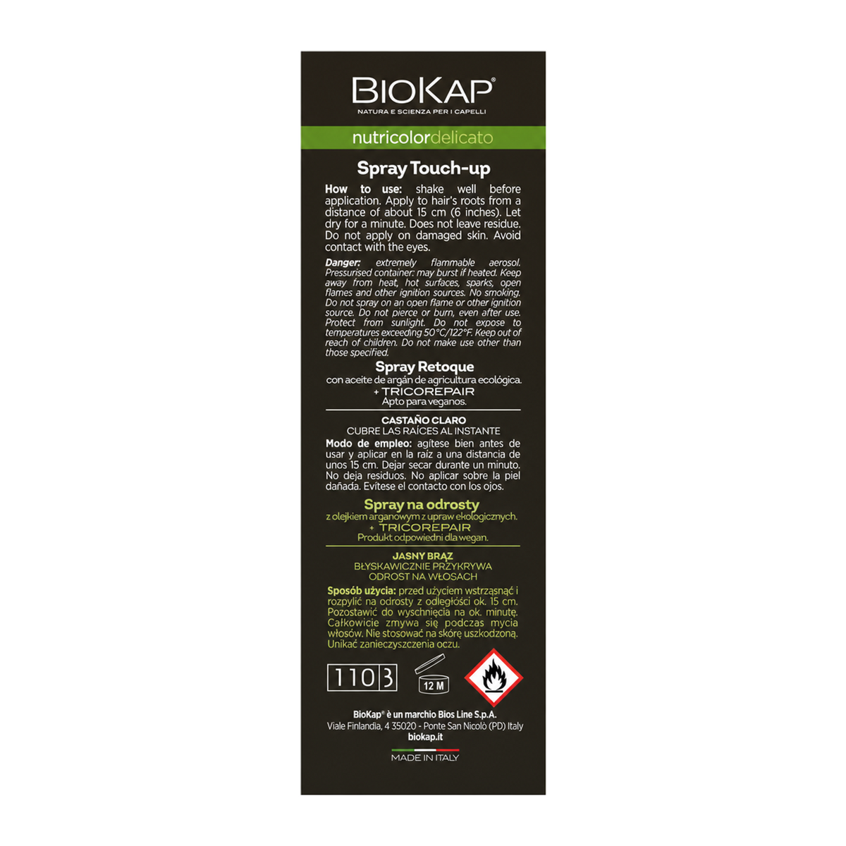 BioKap Light Brown Root Touch Up Spray by BioKap Natural Beauty — cooking instructions side panel, studio product photo on white background
