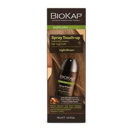 BioKap Light Brown Root Touch Up Spray by BioKap Natural Beauty — front view showing product label and branding, studio product photo on white background
