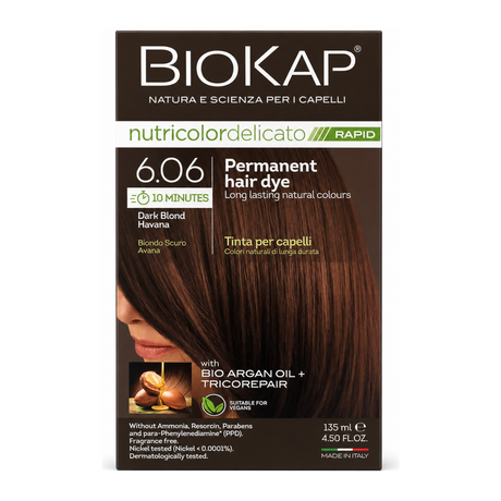 BioKap Dark Blond Havana 6.06 Rapid Permanent Hair Dye by BioKap Natural Beauty — front view showing product label and branding, studio product photo on white background