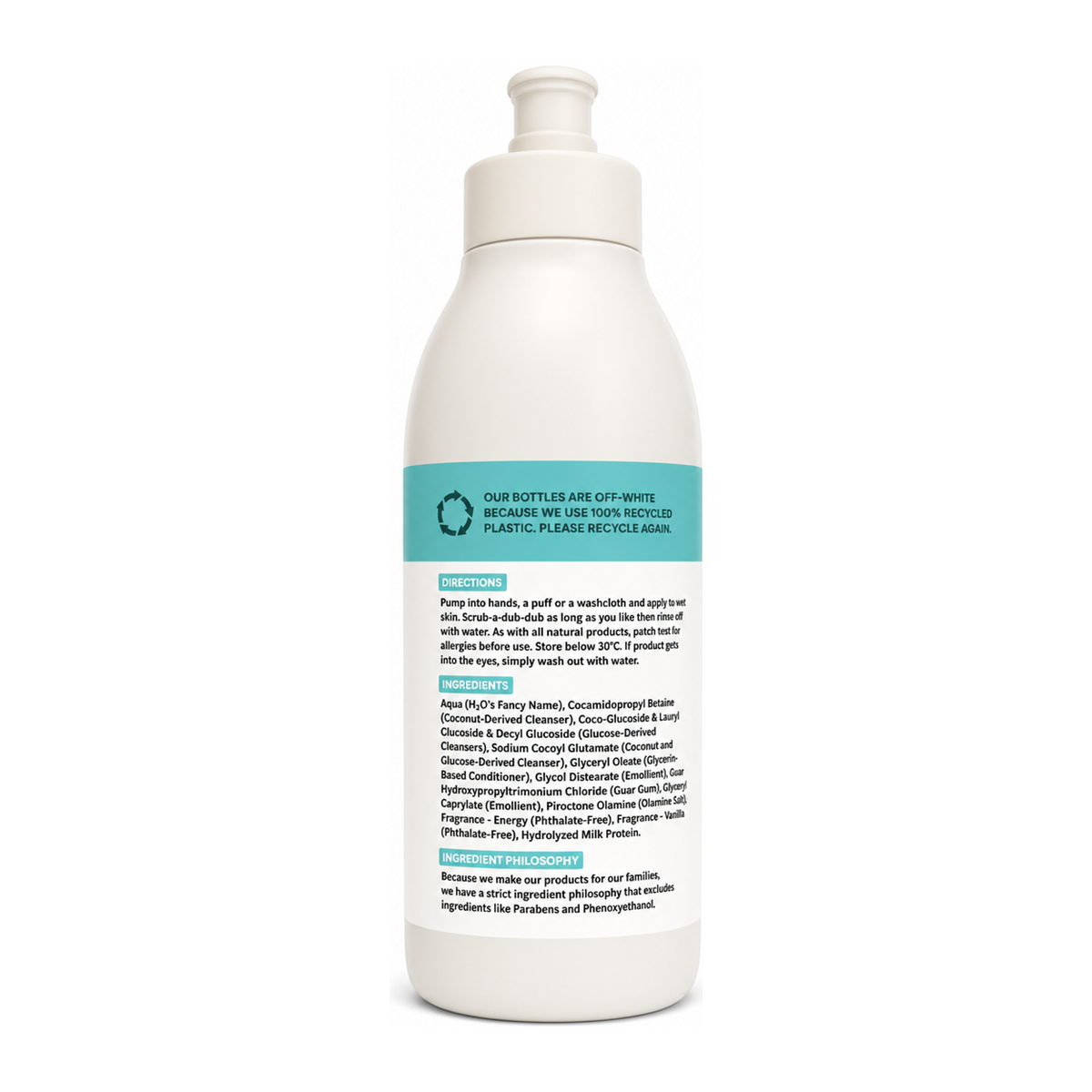 MooGoo Natural Milk Wash by MooGoo Natural Beauty — back view showing ingredients and product details, studio product photo on white background