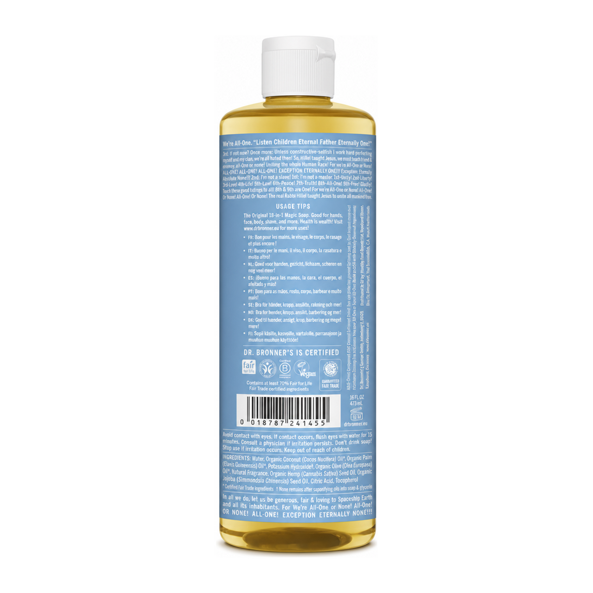 Dr. Bronner's Baby-Mild All-One Magic Soap by Dr. Bronner's — back view showing ingredients and product details, studio product photo on white background