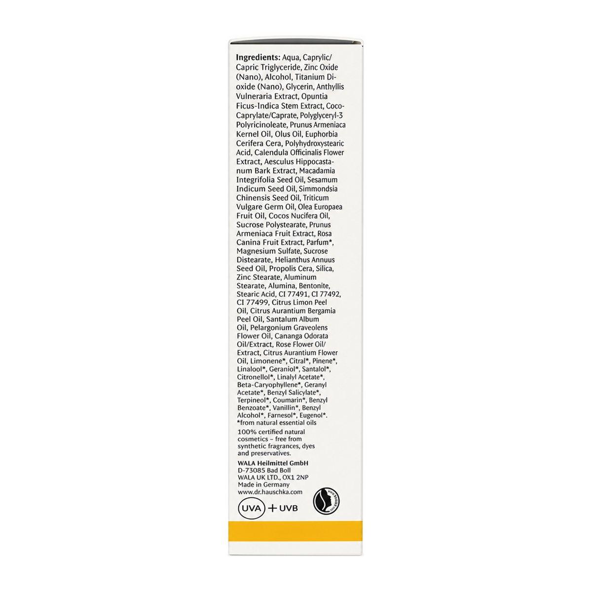 Dr. Hauschka Tinted Face Sun Cream SPF 30 by Dr. Hauschka Natural Beauty — ingredients side panel, studio product photo on white background