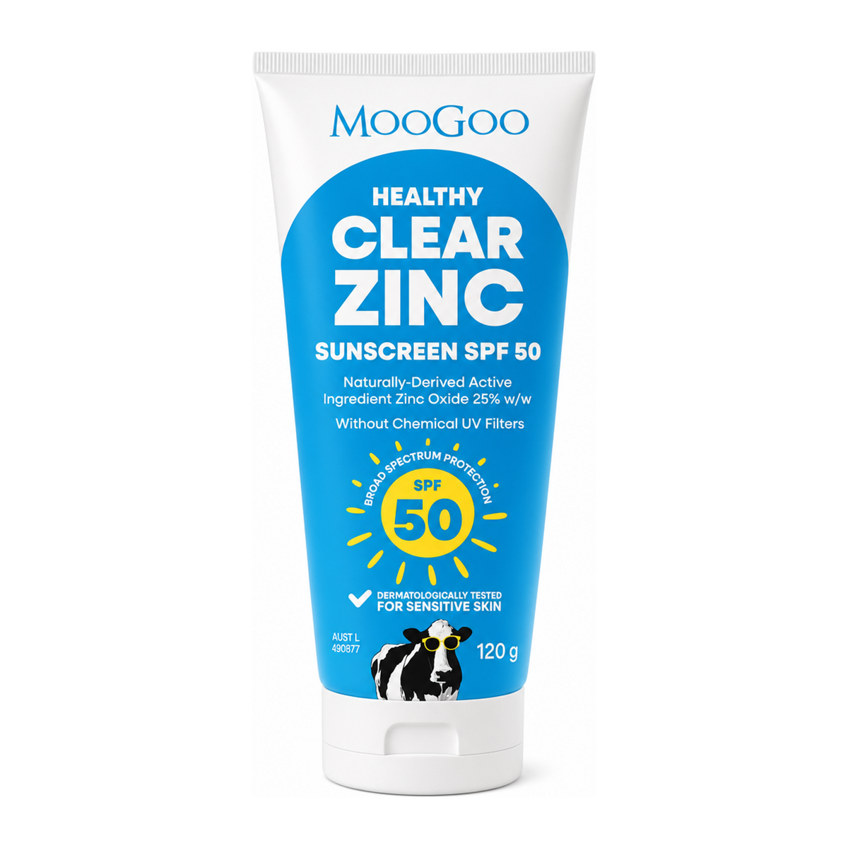 Moogoo Clear Zinc Sunscreen SPF 50 by MooGoo Natural Beauty — front view showing product label and branding, studio product photo on white background