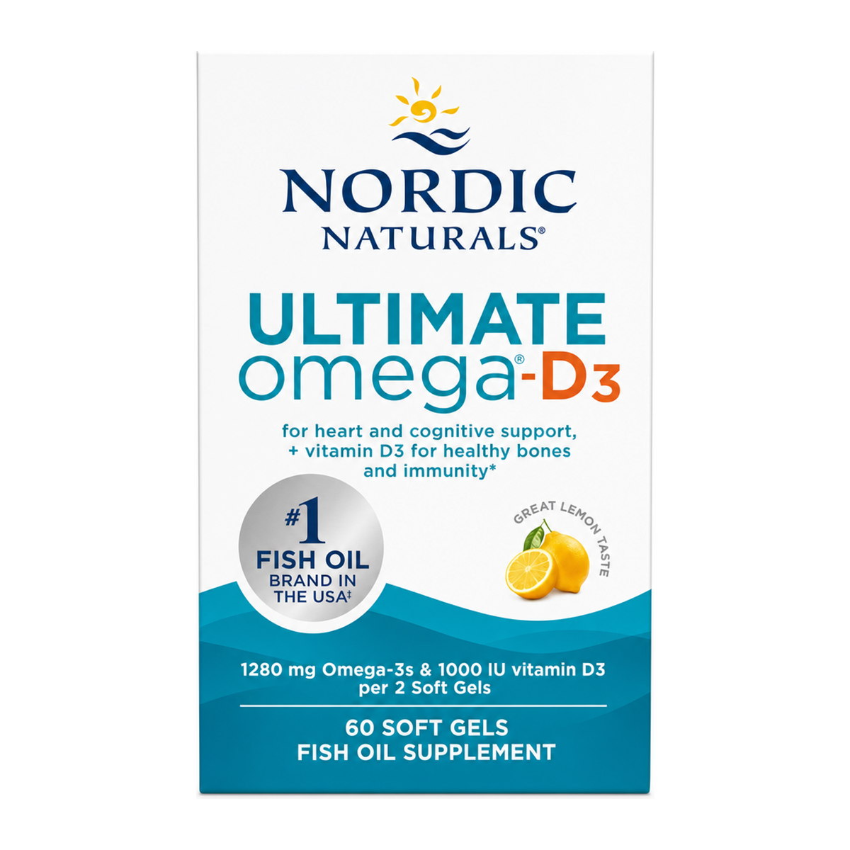 Nordic Naturals, Ultimate Omega®-D3, Lemon, 60 Soft Gels by Nordic Naturals — front view showing product label and branding, studio product photo on white background