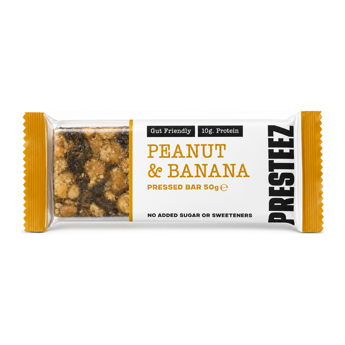 Presteez Peanut & Banana Bar by Presteez Health Food — front view showing product label and branding, studio product photo on white background