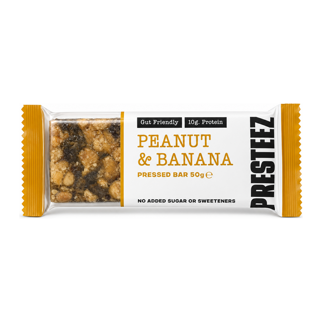 Presteez Peanut & Banana Bar by Presteez Health Food — front view showing product label and branding, studio product photo on white background