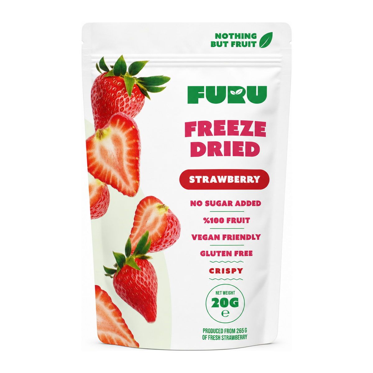 Furu Strawberries freeze dried by Furu Health Food — front view showing product label and branding, studio product photo on white background