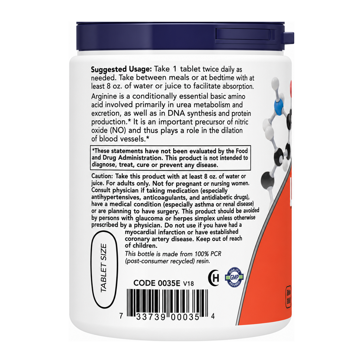 NOW Foods, L-Arginine, 1,000 mg by Now Natural Remedies — cooking instructions side panel, studio product photo on white background