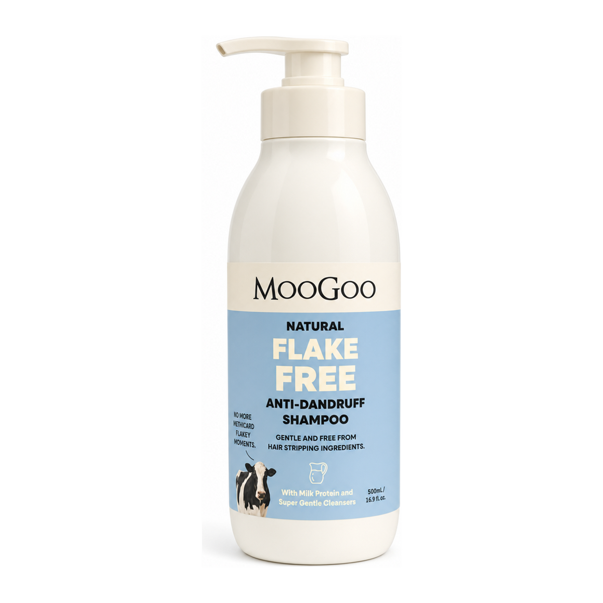 MooGoo Natural  Flake Free Anti-Dandruff Shampoo by MooGoo Natural Beauty — front view showing product label and branding, studio product photo on white background