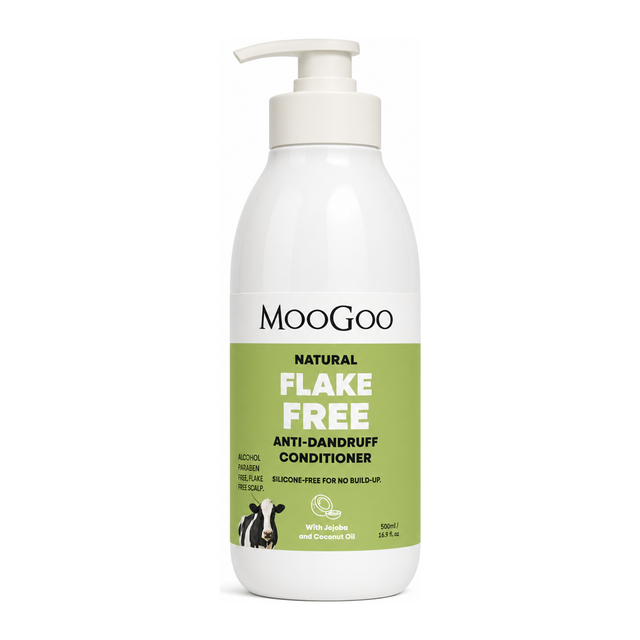 MooGoo Natural Flake Free Anti-Dandruff Conditioner by MooGoo Natural Beauty — front view showing product label and branding, studio product photo on white background