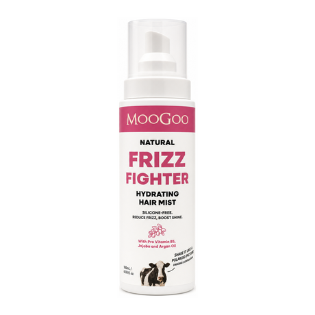 MooGoo Natural Frizz Fighter Hydrating Mist by MooGoo Natural Beauty — front view showing product label and branding, studio product photo on white background