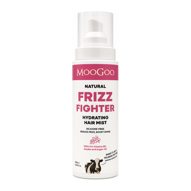 MooGoo Natural Frizz Fighter Hydrating Mist by MooGoo Natural Beauty — front view showing product label and branding, studio product photo on white background