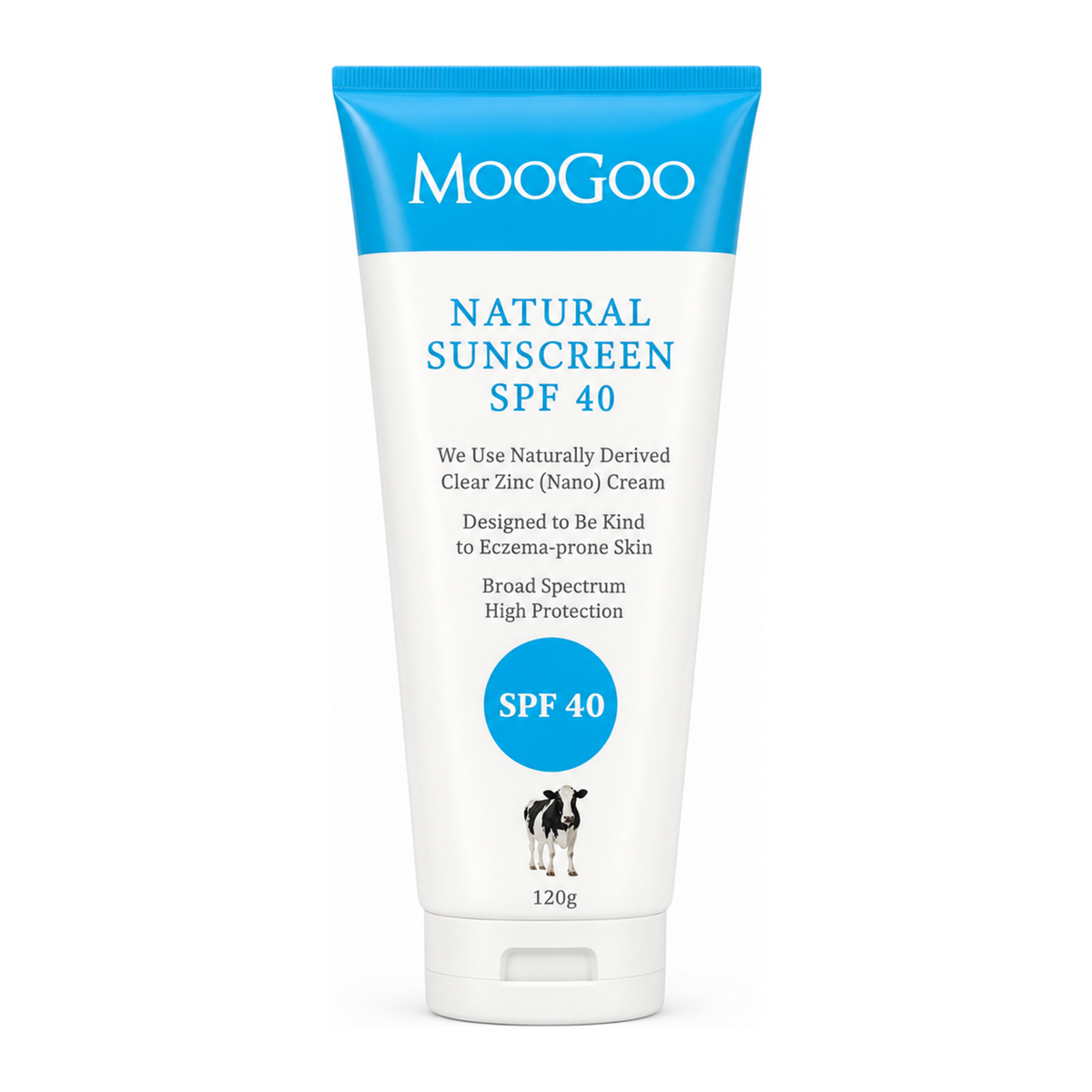 MooGoo Natural Sunscreen SPF 40 120g by MooGoo Natural Beauty — front view showing product label and branding, studio product photo on white background