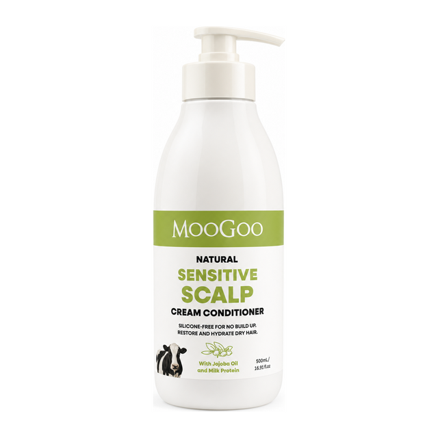 MooGoo Natural Sensitive Scalp Cream Conditioner by MooGoo Natural Beauty — front view showing product label and branding, studio product photo on white background