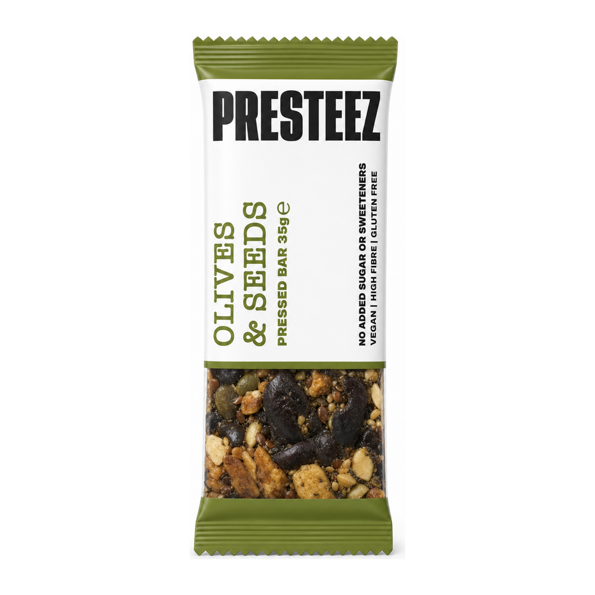 Presteez Olive & Seeds Bar by Presteez Health Food — front view showing product label and branding, studio product photo on white background