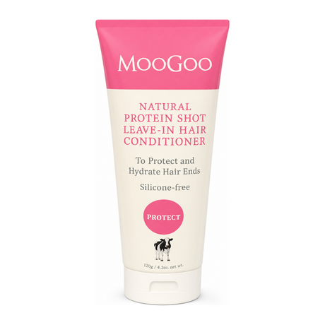 MooGoo Natural Protein Shot Leave-In Hair Conditioner by MooGoo Natural Beauty — front view showing product label and branding, studio product photo on white background