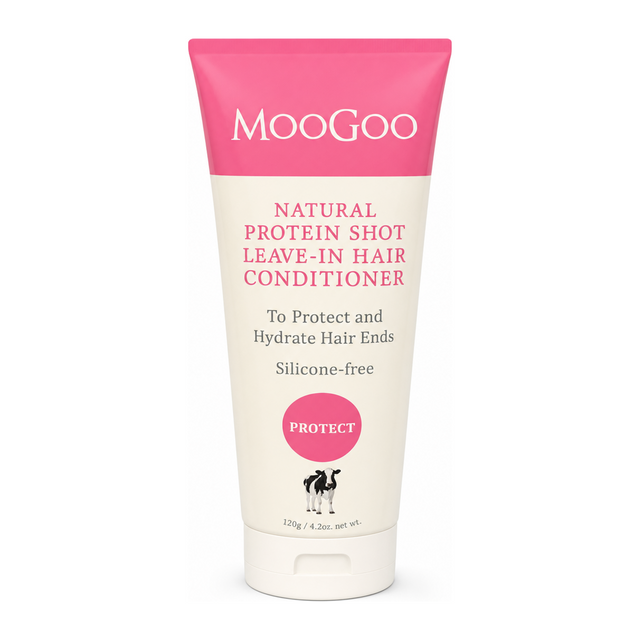 MooGoo Natural Protein Shot Leave-In Hair Conditioner by MooGoo Natural Beauty — front view showing product label and branding, studio product photo on white background