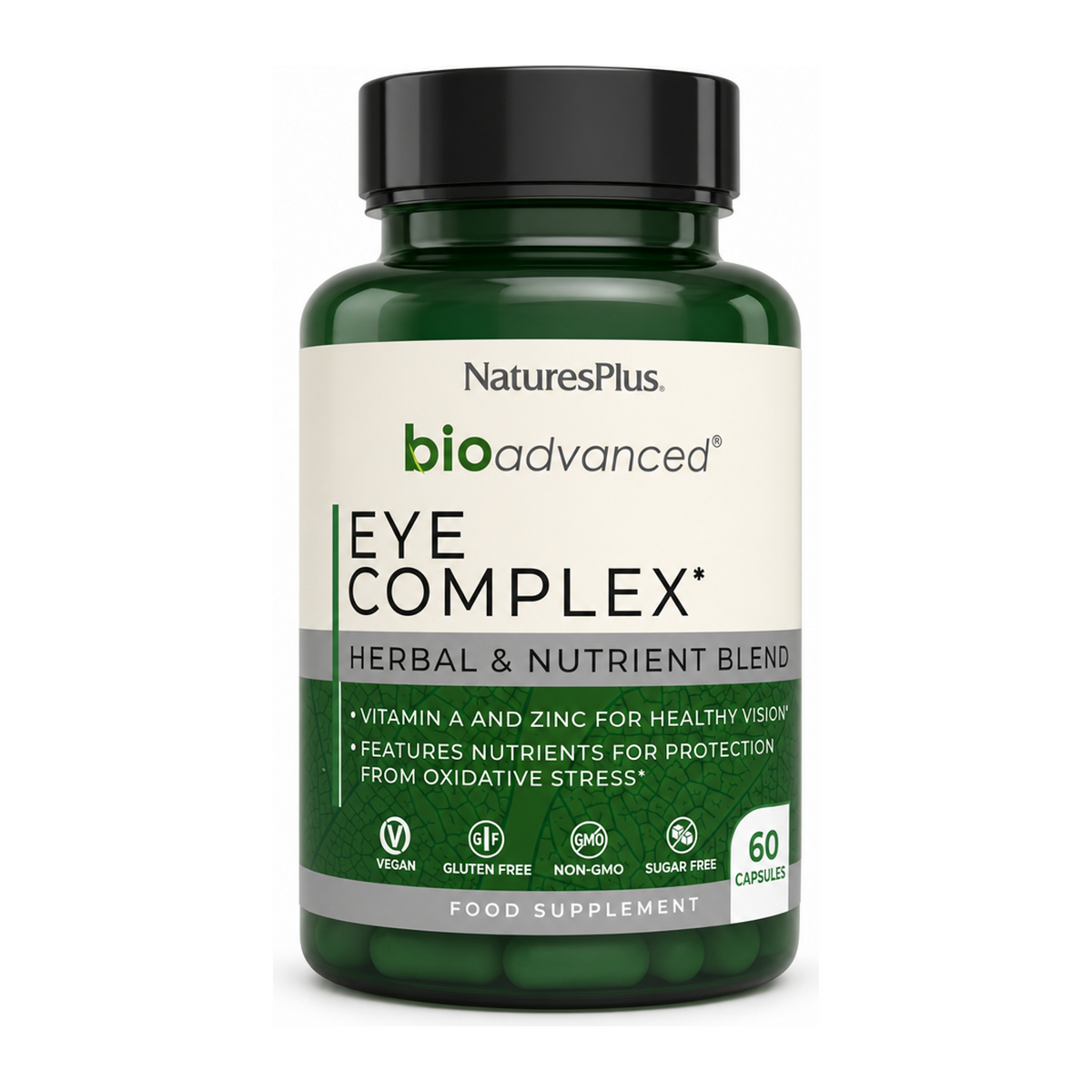 Natures Plus BioAdvanced Eye Complex Capsules by NaturesPlus Natural Remedies — front view showing product label and branding, studio product photo on white background